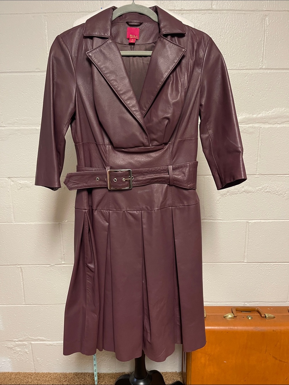 G.I.L.I. Plum Genuine Leather Belted Trench Style Coat Dress